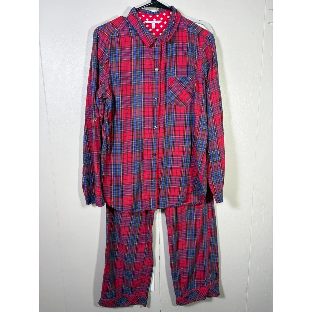 Victorias Secret Pajama Set Red Plaid Long Sleeve Button Down Pants Small Long